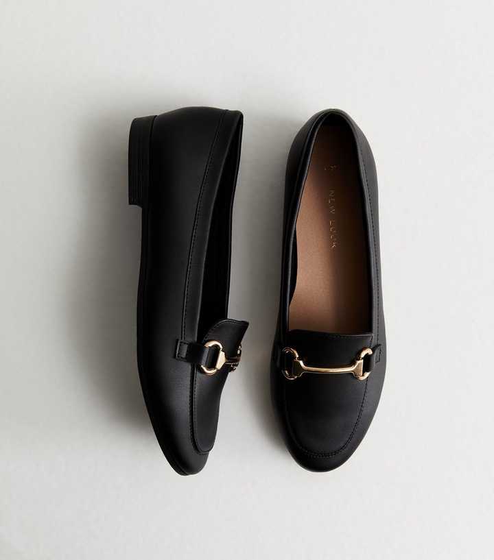 Black Leather-Look Snaffle Trim Loafers