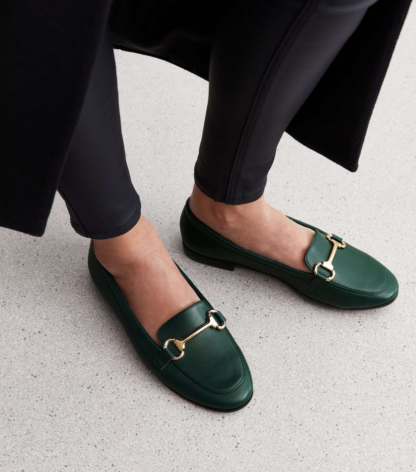 Dark Green Leather-Look Snaffle Trim Loafers Image 2