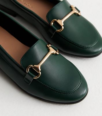 Dark Green Leather-Look Snaffle Trim Loafers New Look