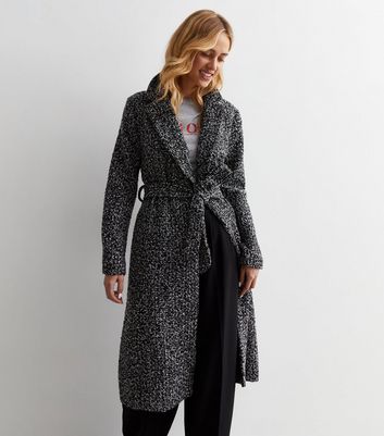 Black Boucle Belted Long Coat New Look