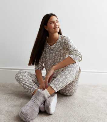 Light Grey Fleece Pyjama Sweatshirt with Animal Print