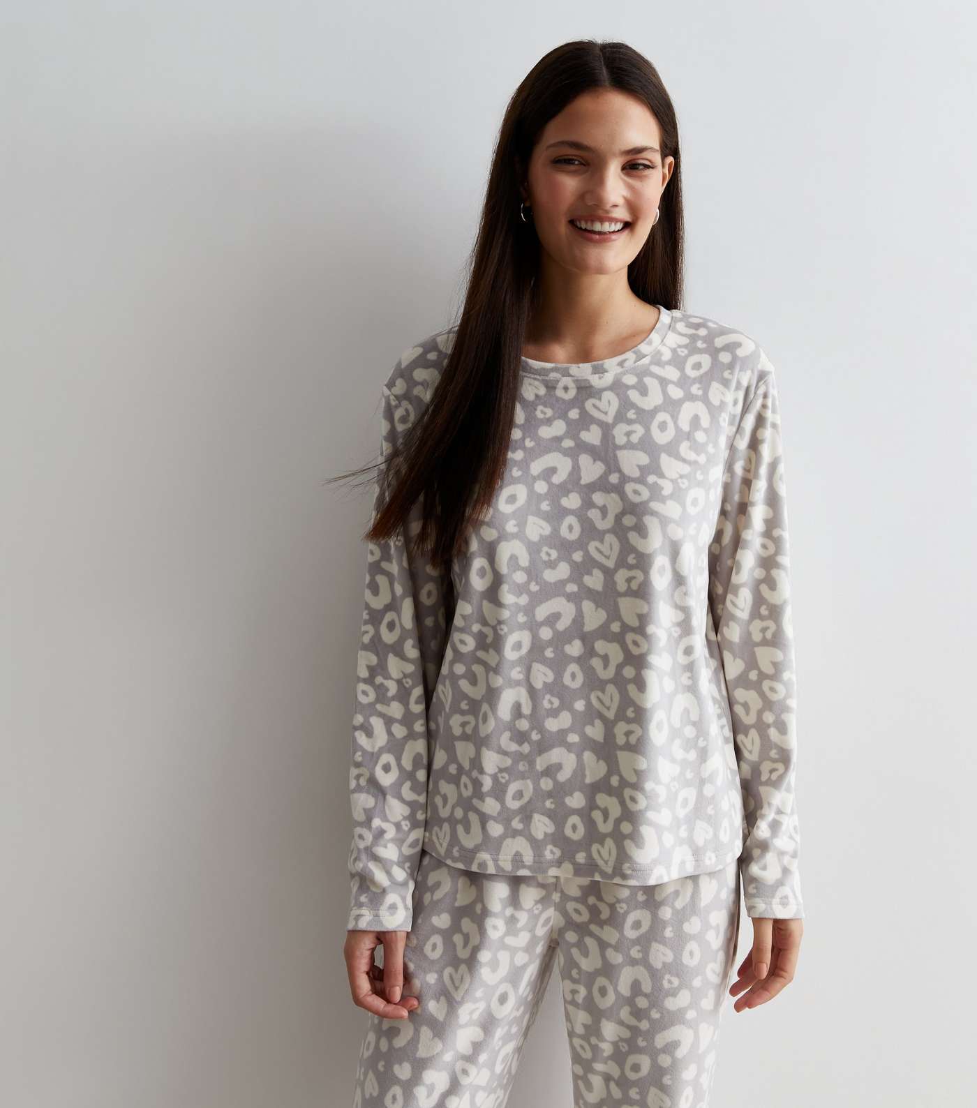 Light Grey Fleece Pyjama Sweatshirt with Animal Print Image 3