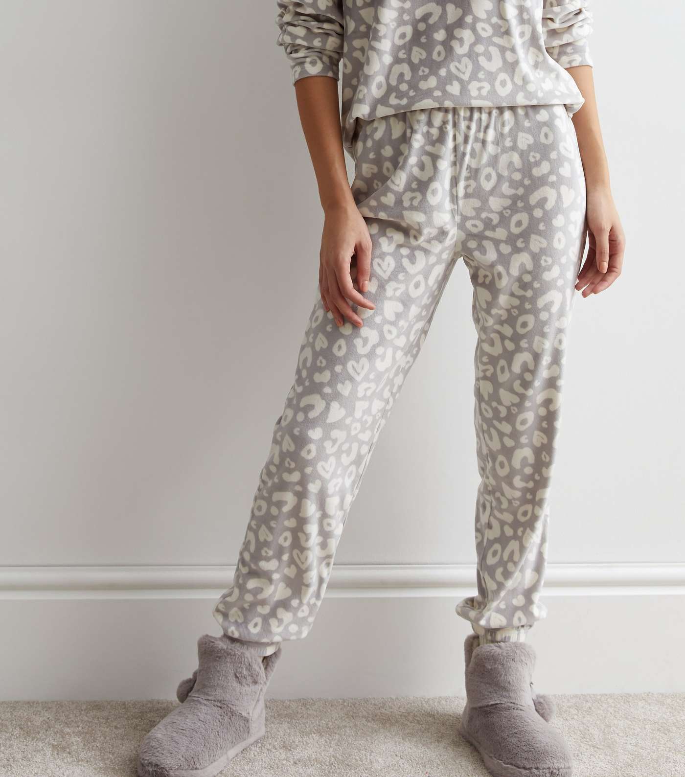 Light Grey Animal Print Fleece Pyjama Joggers Image 3