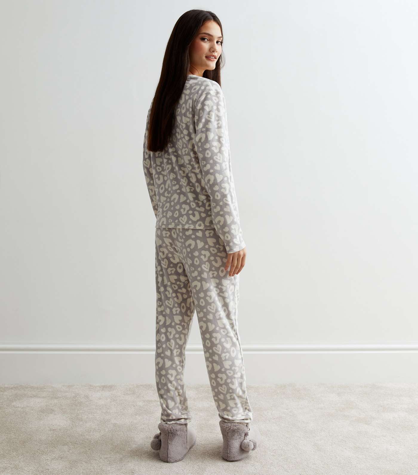 Light Grey Animal Print Fleece Pyjama Joggers Image 5