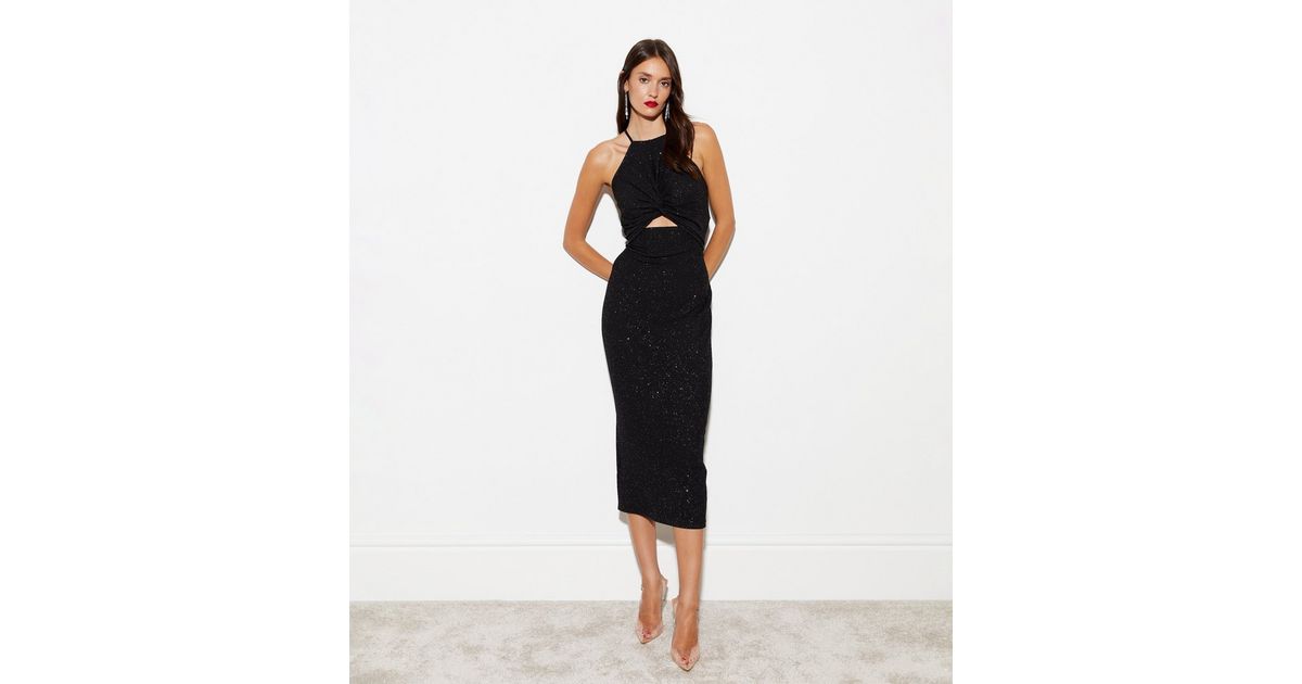 Twist Cutout Sleeveless Glitter Midi Dress