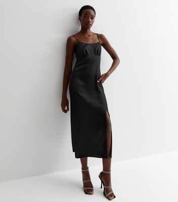 Tall Black Satin Jacquard Strappy Midaxi Dress