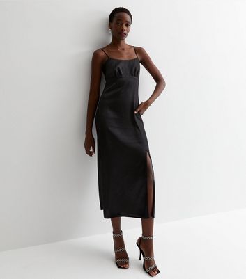 Tall Black Satin Jacquard Strappy Midaxi Dress New Look