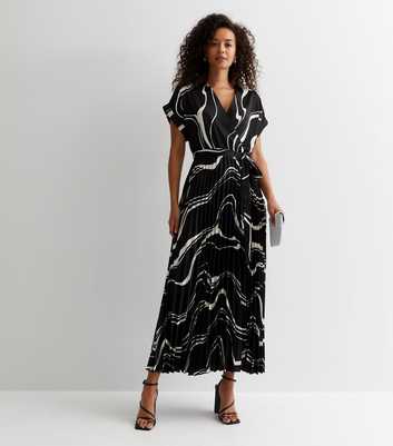 Tall Black Wave Print Pleated Midaxi Dress