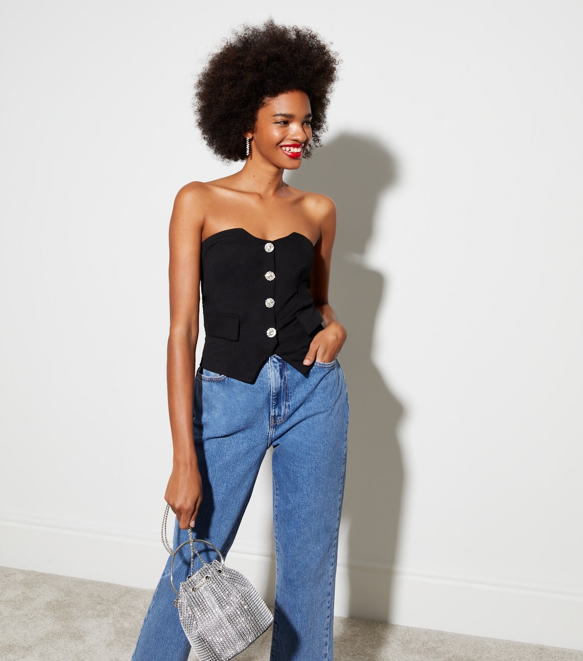 Women's Black Diamanté Button Front Bandeau Top New Look