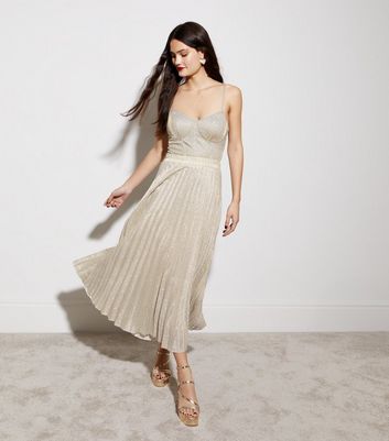 Gold glitter shop pleated midi skirt