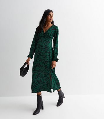 Green Abstract Print V Neck Ruffle Midaxi Dress New Look