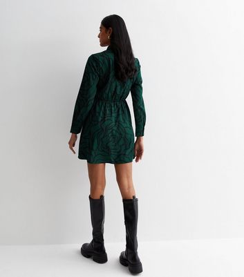 Green Abstract  Print Belted Mini Shirt Dress New Look