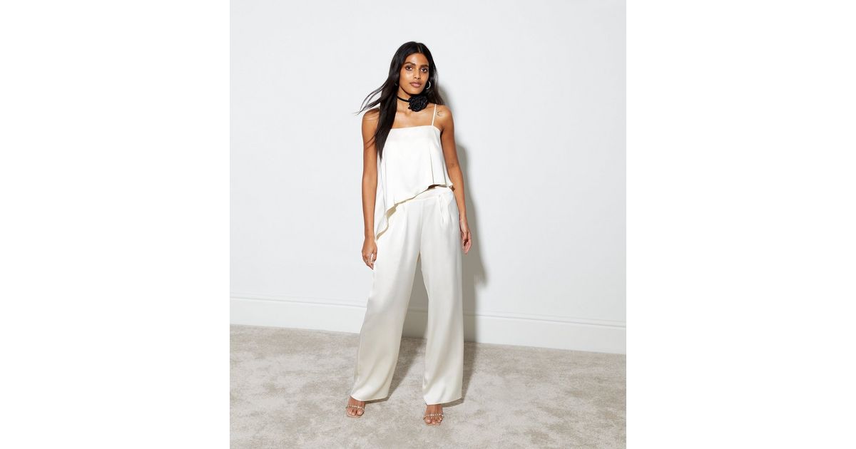 A244. Cream Satin Adjustable Tie Hem Detail Wide Leg Pants