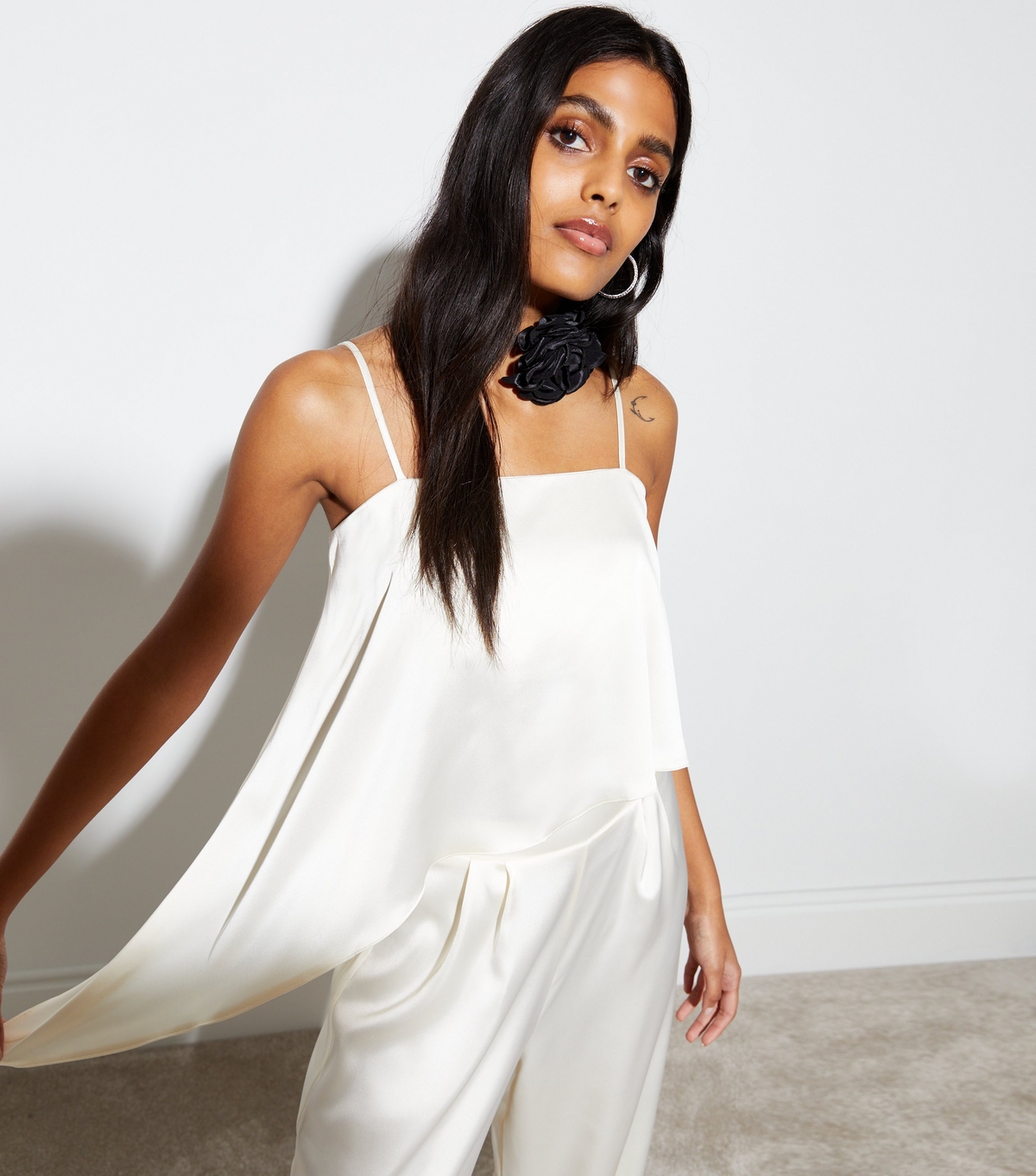 Women's Cream Satin Strappy Asymmetrical Top New Look
