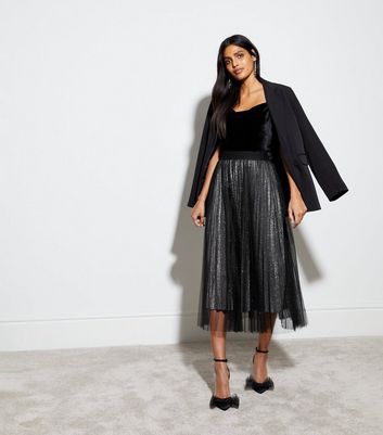 Black Mesh Glitter Pleated Midaxi Skirt New Look