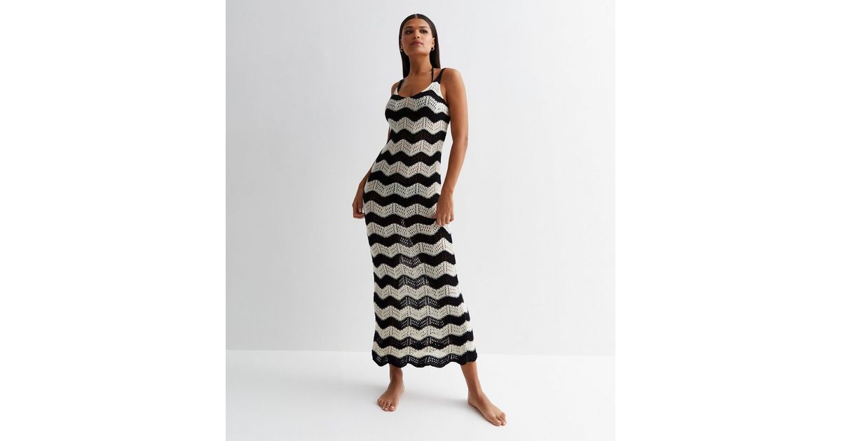 Black Stripe Crochet Knit Maxi Beach Dress | New Look