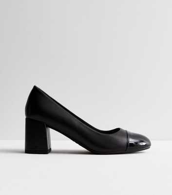 Black Leather-Look Block Heel Court Shoes