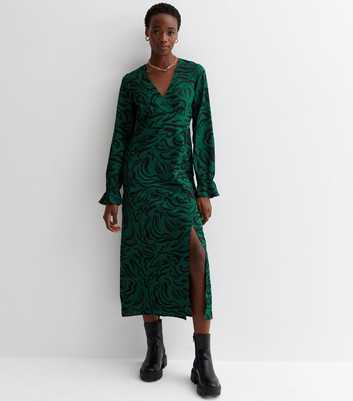 Tall Green Abstract Print Ruffle Split Hem Midaxi Dress
