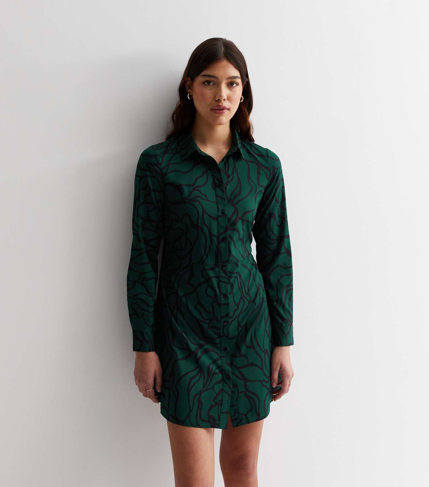 Tall Dark Green Floral Line Print Mini Shirt Dress Image 2