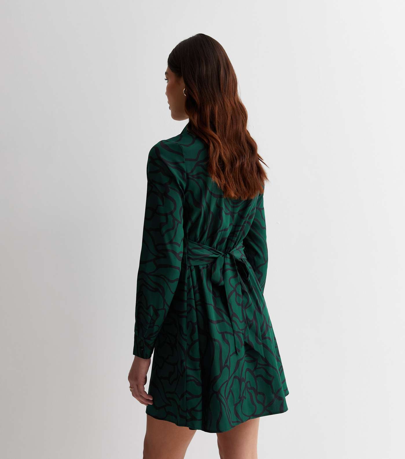 Tall Dark Green Floral Line Print Mini Shirt Dress Image 4
