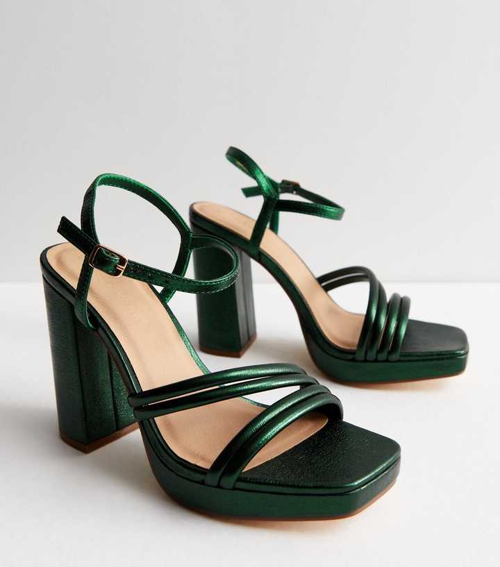 Dark Green Metallic Platform Block Heel Sandals