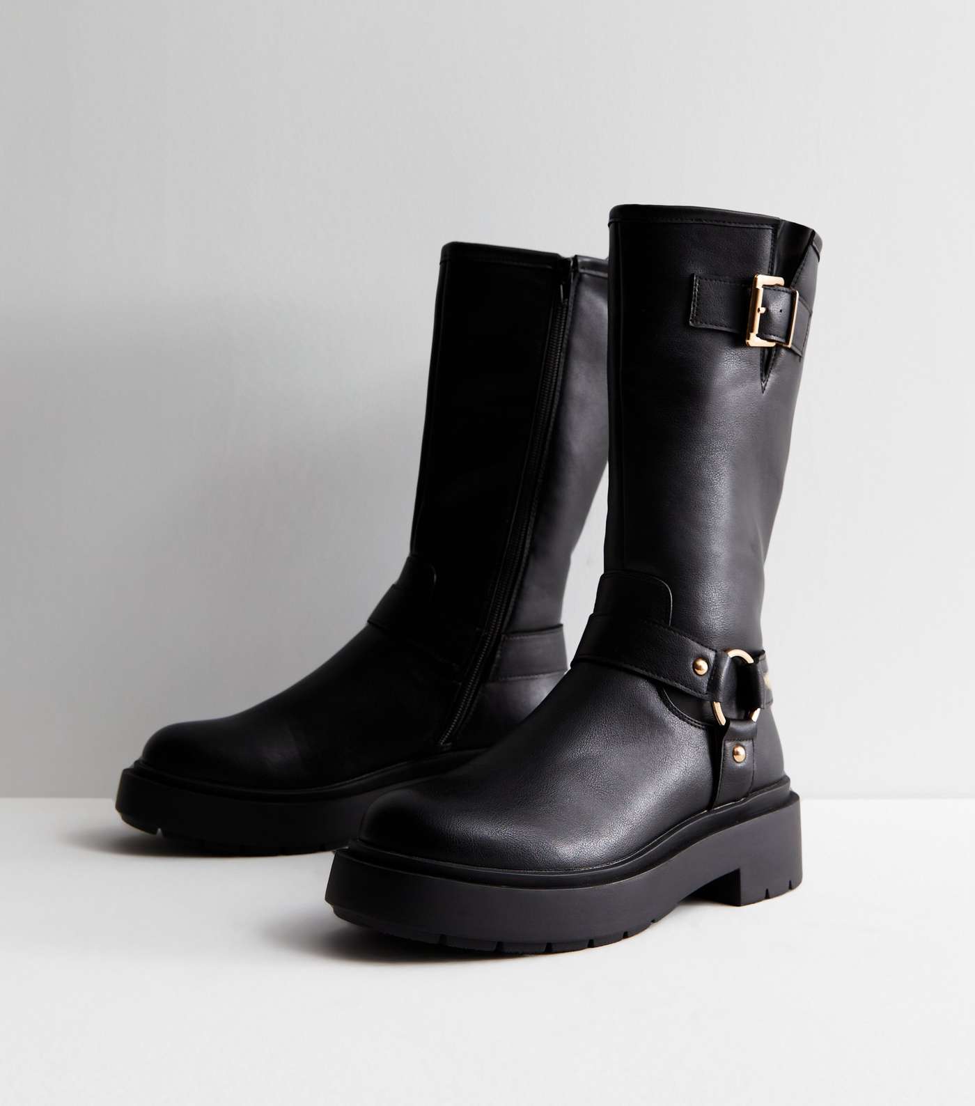 Black Leather-Look Stretch Calf Biker Boots | New Look