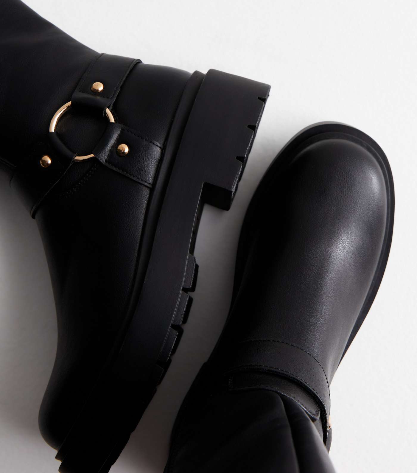 Black Leather-Look Stretch Calf Biker Boots Image 3