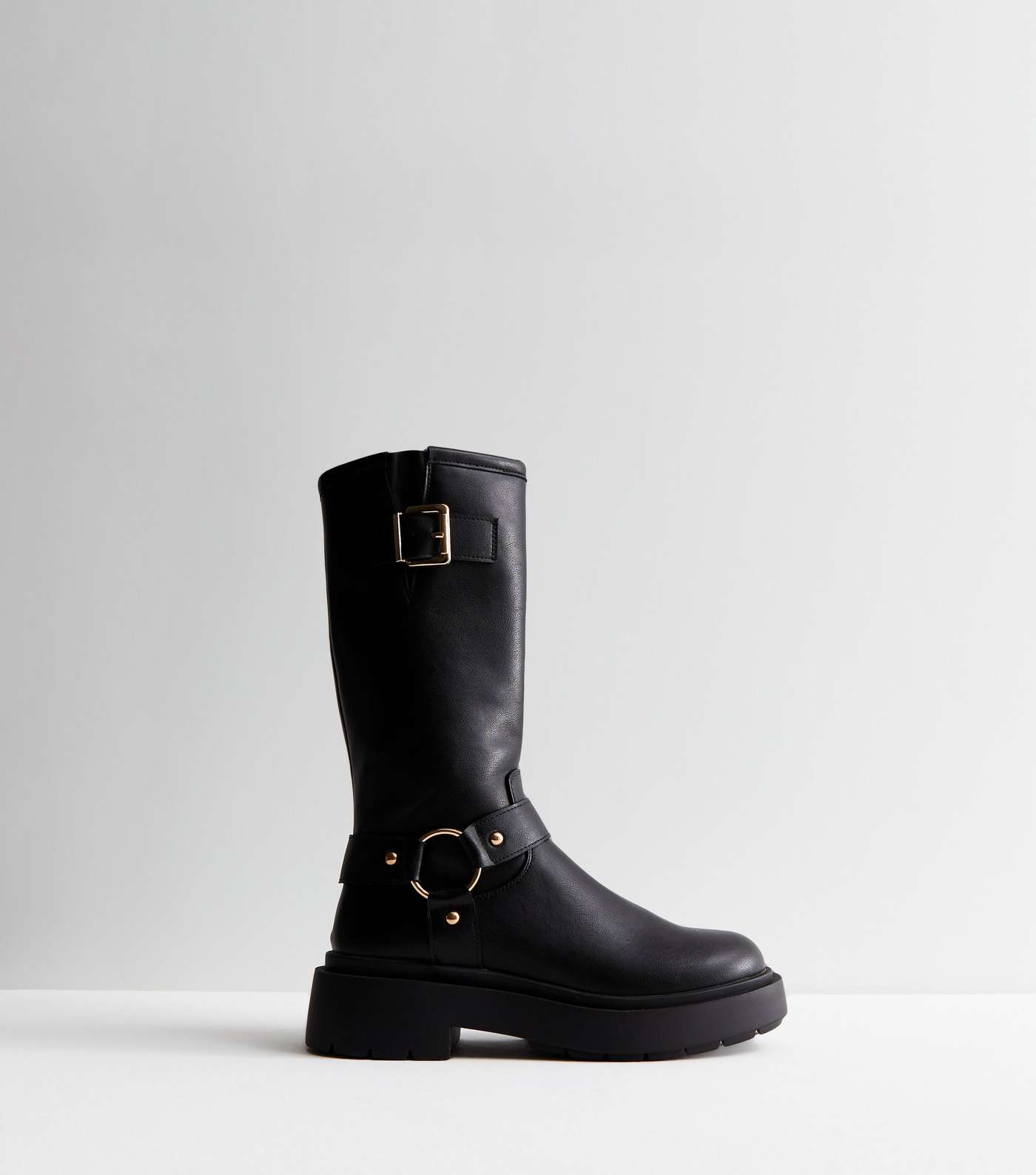 Black Leather-Look Stretch Calf Biker Boots Image 5