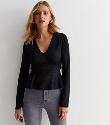 Black Ribbed Jersey Long Sleeve Peplum Top | New Look