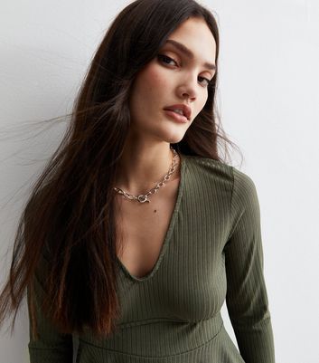 Khaki Ribbed Jersey Long Sleeve Peplum Top | New Look