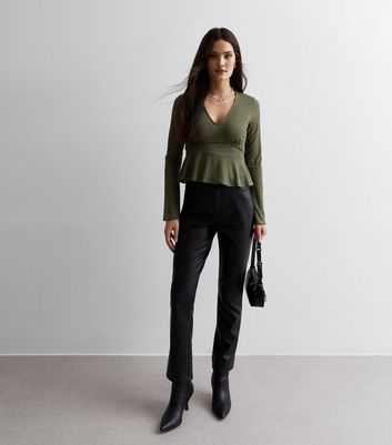 Khaki Ribbed Jersey Long Sleeve Peplum Top | New Look