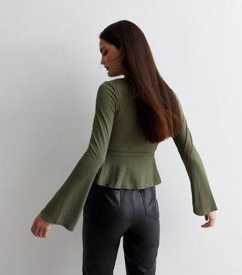 Khaki Ribbed Jersey Long Sleeve Peplum Top | New Look