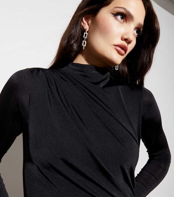 Black Slinky Drape High Neck Bodysuit