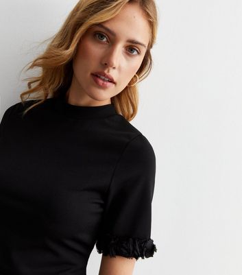 Black Ribbed High Neck Ruffle Sleeve Top New Look