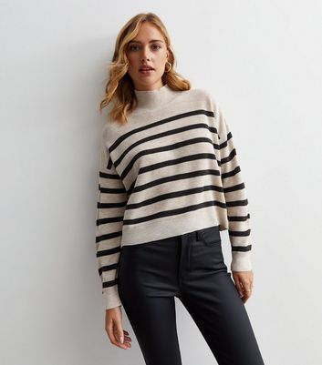 Off White Stripe Knit High Neck Jumper New Look