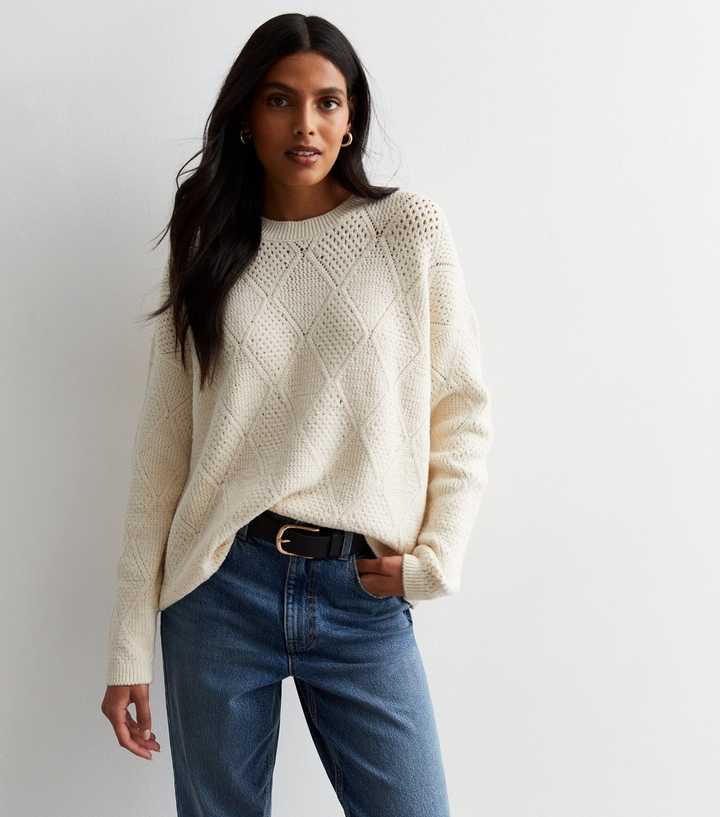 Off White Open Knit Crew Neck Jumper | New Look
