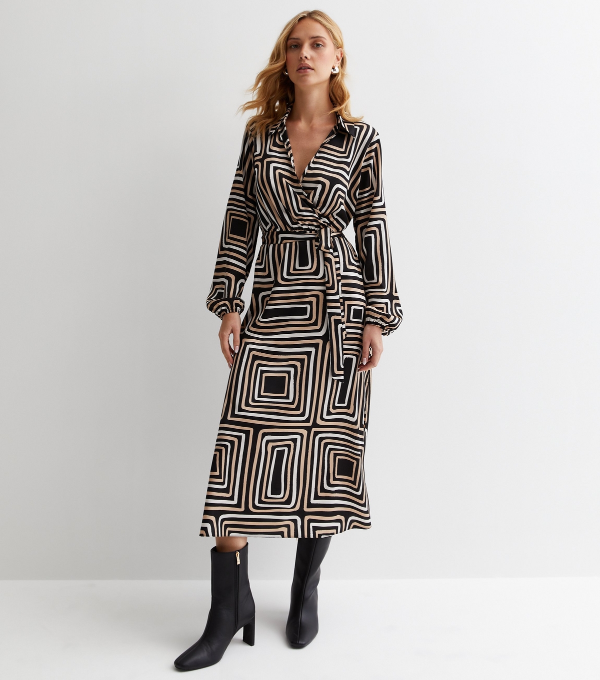 Women's Brown Square Print Satin Wrap Midaxi Dress New Look