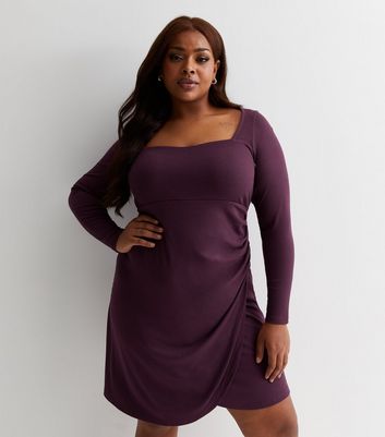 Curves Dark Purple Ribbed Square Neck Wrap Mini Dress New Look