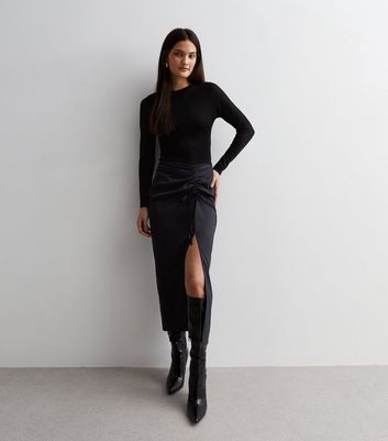 Black Jacquard Ruched Split Hem Midaxi Skirt New Look