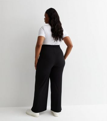 Curves Black Ribbed Wide Leg Trousers New Look
