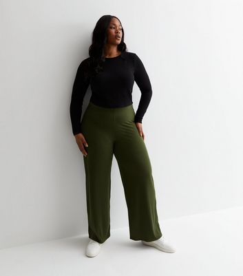 Curves Khaki Ribbed Wide Leg Trousers New Look