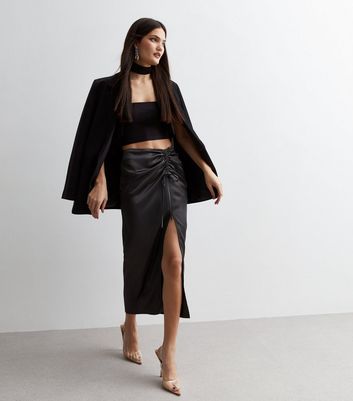 Dark Grey Ruched Split Hem Midi Skirt New Look