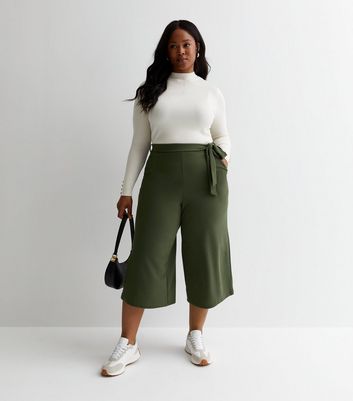 Curves Khaki Belted Crop Wide Leg Trousers New Look