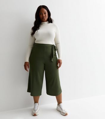 Curves Khaki Belted Crop Wide Leg Trousers New Look