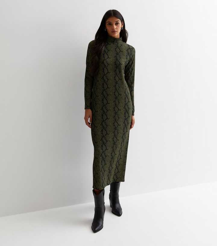 Green Snake Print Jersey High Neck Midaxi Dress | New Look