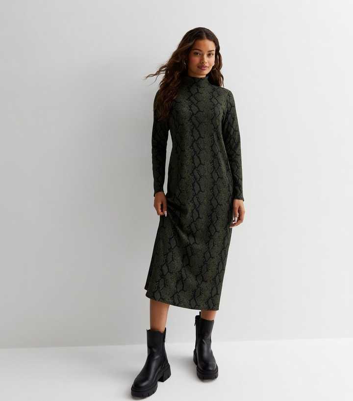 Petite Green Snake Print Jersey High Neck Midaxi Dress