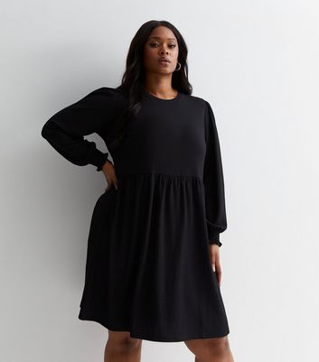 Curves Black Crinkle Jersey Long Sleeve Mini Smock Dress New Look