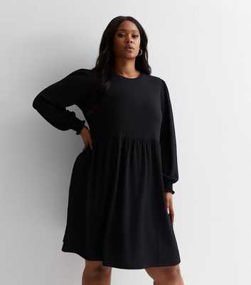 Curves Black Crinkle Jersey Long Sleeve Mini Smock Dress