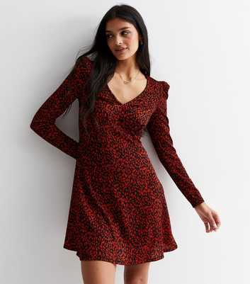 Red Animal Print Crinkle Jersey Long Sleeve Mini Dress