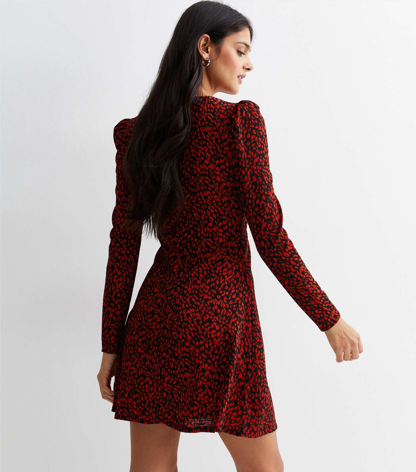 Red Animal Print Crinkle Jersey Long Sleeve Mini Dress Image 4